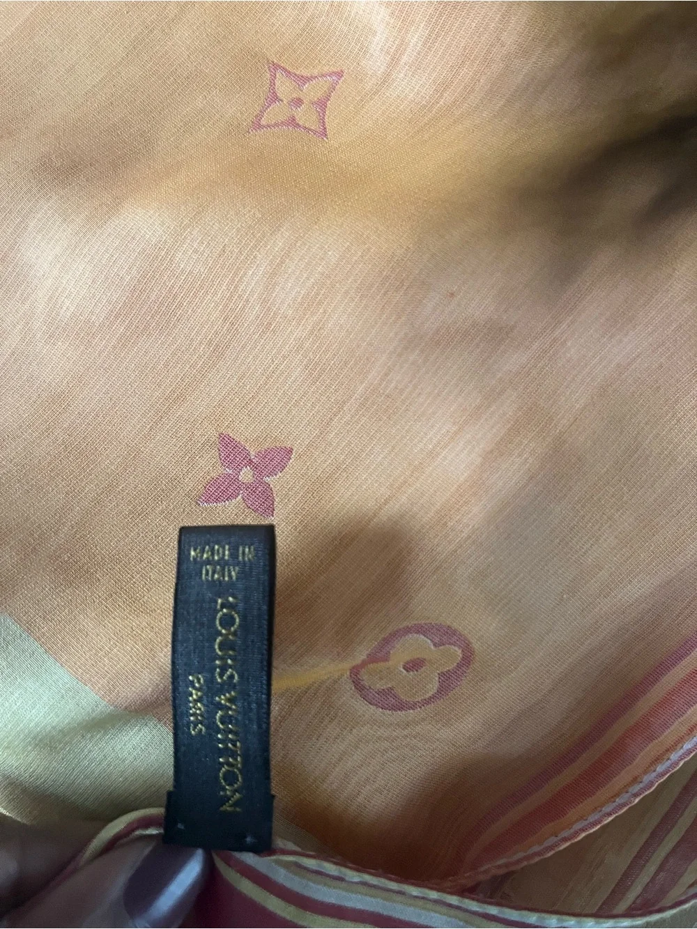 Louis Vuitton Coral and Gold Monogram 100% Silk Scarf